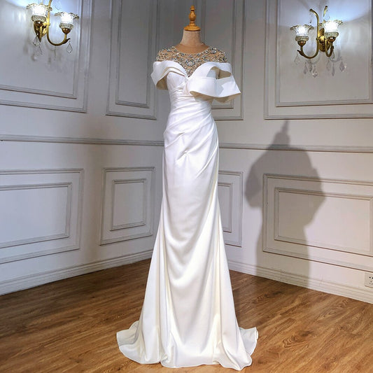 White Satin Beaded Evening Dresses Gowns 2025 Mermaid Elegant Luxury For Women Party LA71487