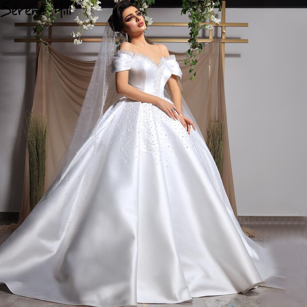 Weiß Satin Perlen Perlen Brautkleider 2025 Ärmellose High-end Lace Up Brautkleid HM67240 