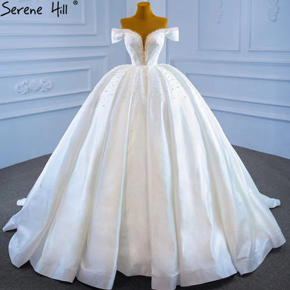 White Satin Beading Pearls Wedding Dresses 2025 Sleeveless High-end Lace Up Bridal Dress HM67240