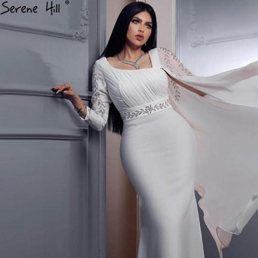 White Satin Cape Sleeve Evening Dresses Gowns 2025 Mermaid Elegant Sexy For Women Party LA70712