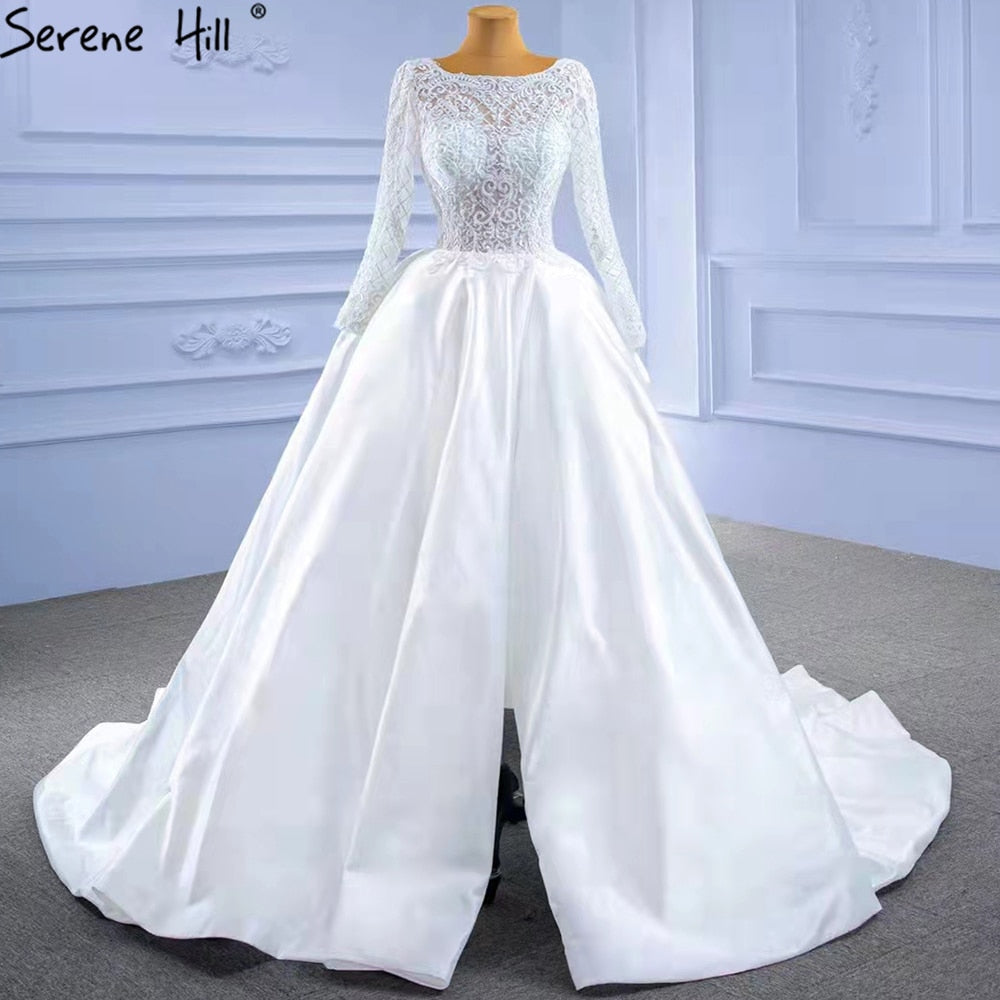 Vestidos de novia de satén blanco con abertura alta 2025, corte A, encaje y cuentas, HM67292, hechos a medida 