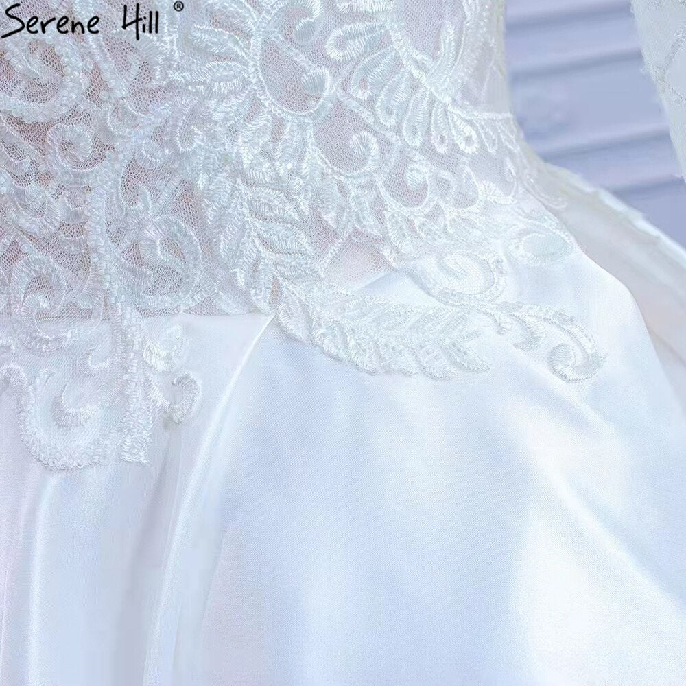 Vestidos de novia de satén blanco con abertura alta 2025, corte A, encaje y cuentas, HM67292, hechos a medida 