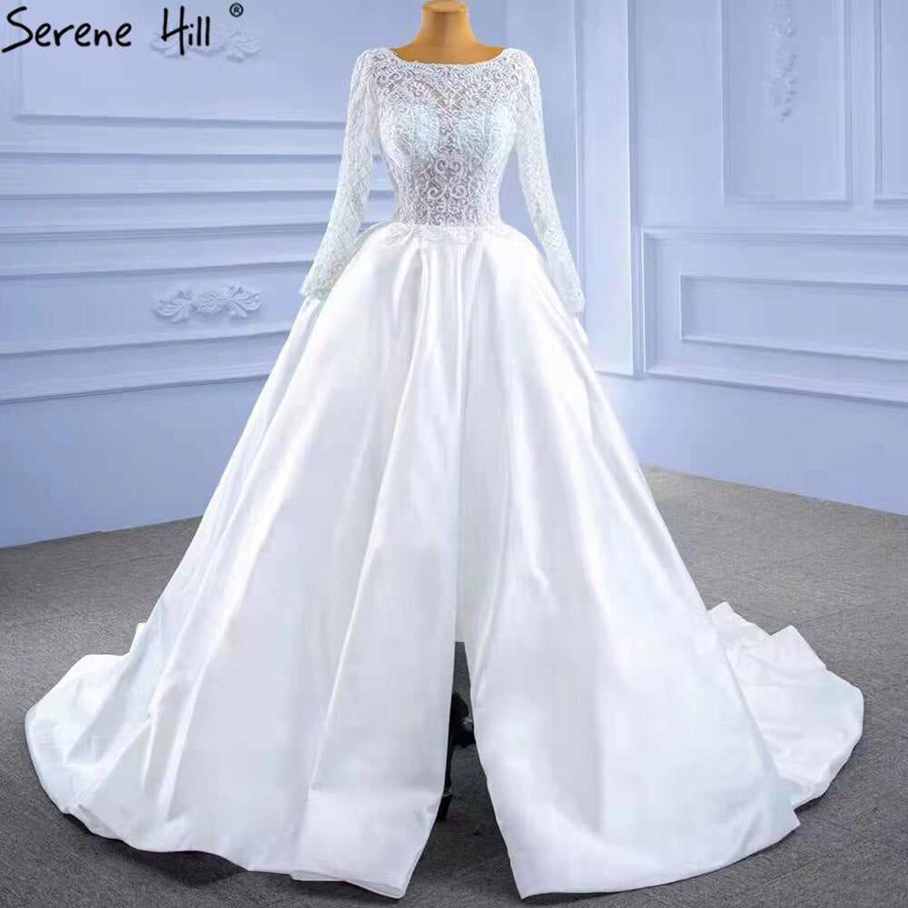Vestidos de novia de satén blanco con abertura alta 2025, corte A, encaje y cuentas, HM67292, hechos a medida 