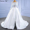 Vestidos de novia de satén blanco con abertura alta 2025, corte A, encaje y cuentas, HM67292, hechos a medida 