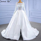 Vestidos de novia de satén blanco con abertura alta 2025, corte A, encaje y cuentas, HM67292, hechos a medida 