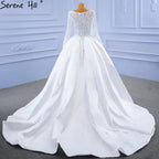 Vestidos de novia de satén blanco con abertura alta 2025, corte A, encaje y cuentas, HM67292, hechos a medida 