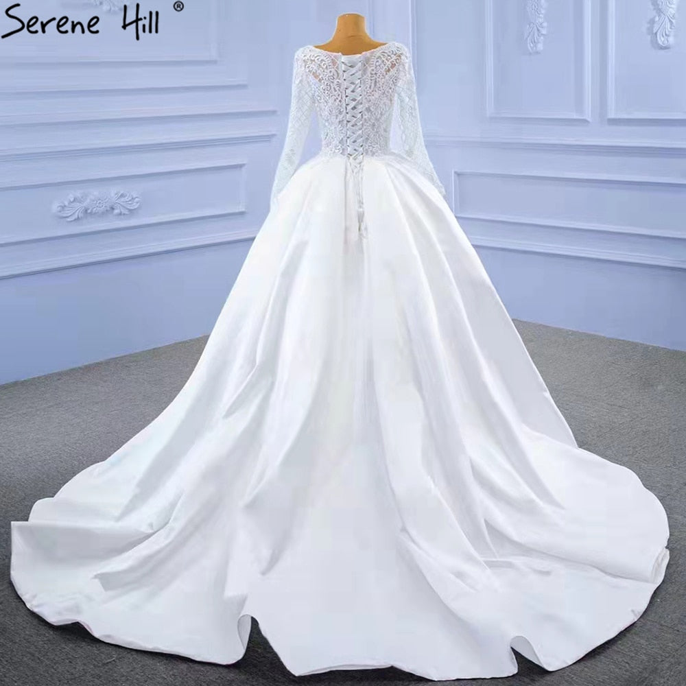 Vestidos de novia de satén blanco con abertura alta 2025, corte A, encaje y cuentas, HM67292, hechos a medida 
