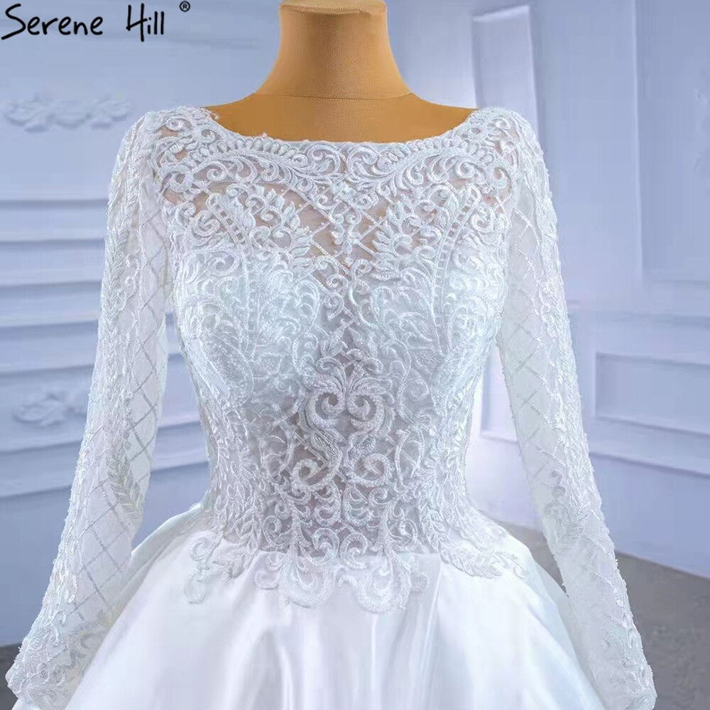 Vestidos de novia de satén blanco con abertura alta 2025, corte A, encaje y cuentas, HM67292, hechos a medida 