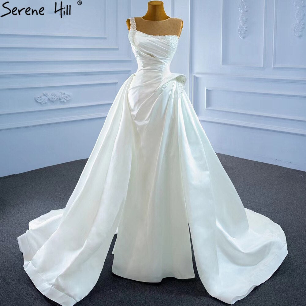 Weiß Satin High Split Brautkleider 2025 Perlen Perlen Sexy Mit Zug Brautkleid HM67252 Nach Maß 
