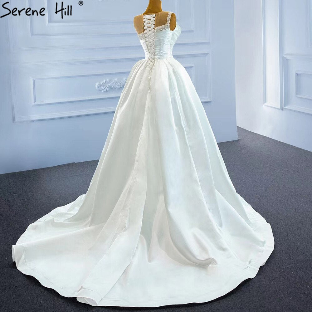 Weiß Satin High Split Brautkleider 2025 Perlen Perlen Sexy Mit Zug Brautkleid HM67252 Nach Maß 