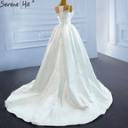 Weiß Satin High Split Brautkleider 2025 Perlen Perlen Sexy Mit Zug Brautkleid HM67252 Nach Maß 