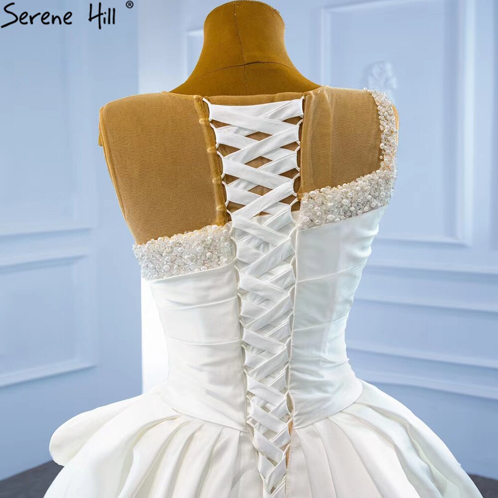 White Satin High Split Wedding Dresses 2025 Beading Pearls Sexy With Train Bridal Dress HM67252 Custom Made
