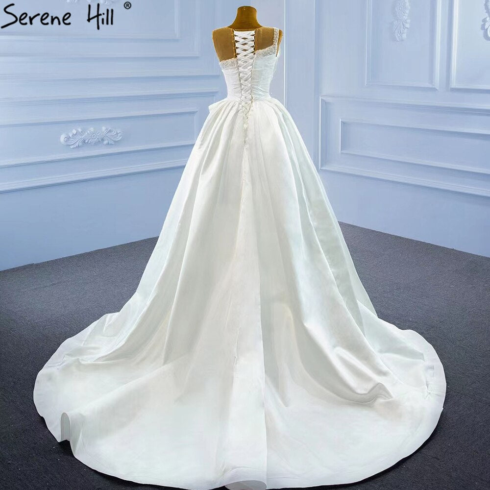 White Satin High Split Wedding Dresses 2025 Beading Pearls Sexy With Train Bridal Dress HM67252 Custom Made