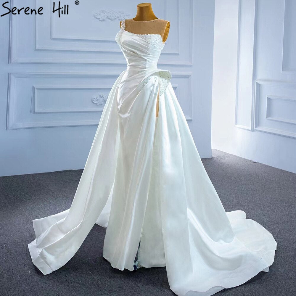 Weiß Satin High Split Brautkleider 2025 Perlen Perlen Sexy Mit Zug Brautkleid HM67252 Nach Maß 
