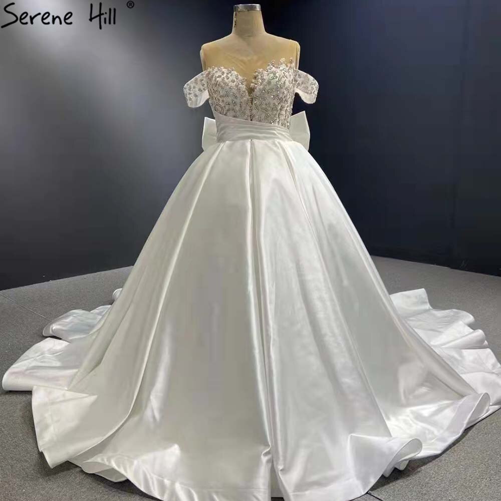 Weiß Satin Lace Up Brautkleider 2025 Perlen Bogen High-end-Braut Kleider HM67412 Nach Maß 