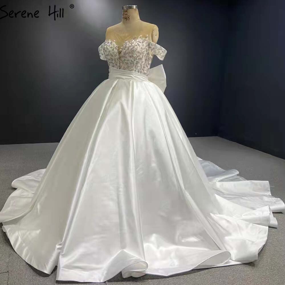 Weiß Satin Lace Up Brautkleider 2025 Perlen Bogen High-end-Braut Kleider HM67412 Nach Maß 