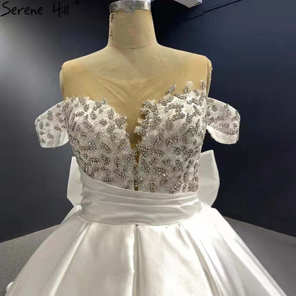 White Satin Lace Up Wedding Dresses 2025 Beaded Bow High-end Bride Gowns HM67412 Custom Made