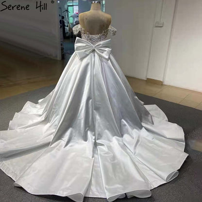 White Satin Lace Up Wedding Dresses 2025 Beaded Bow High-end Bride Gowns HM67412 Custom Made