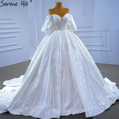 White Satin Luxury Wedding Dresses 2025 Beaded Lantern Sleeve Bride Gowns HM67326 Custom Made