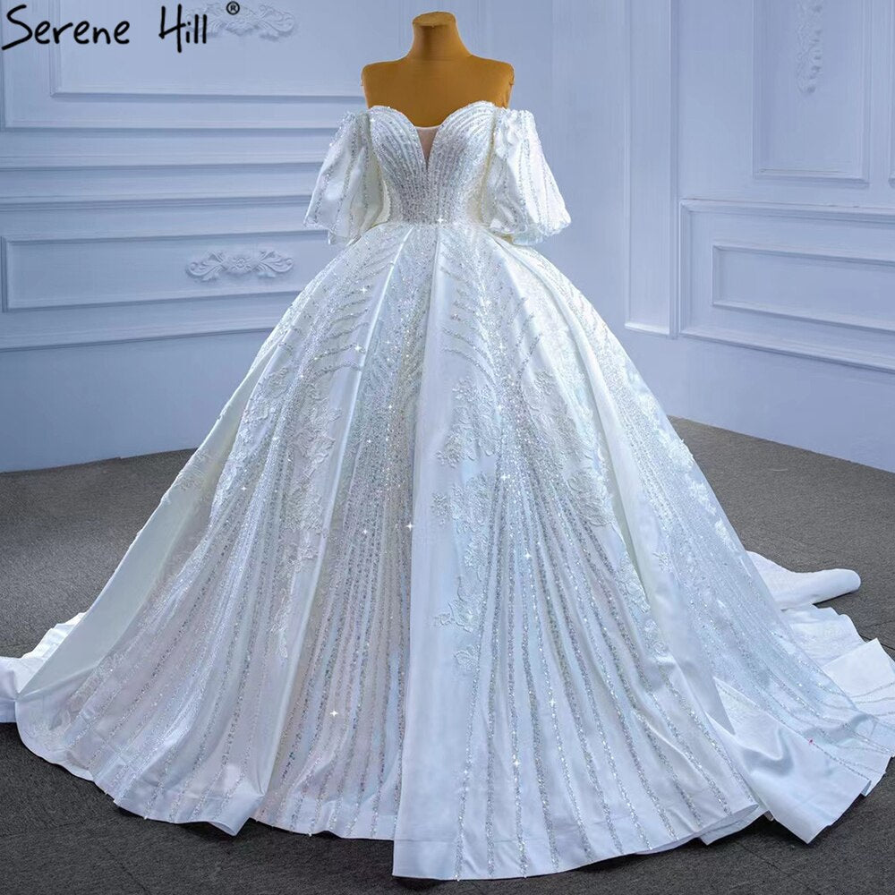 White Satin Luxury Wedding Dresses 2025 Beaded Lantern Sleeve Bride Gowns HM67326 Custom Made