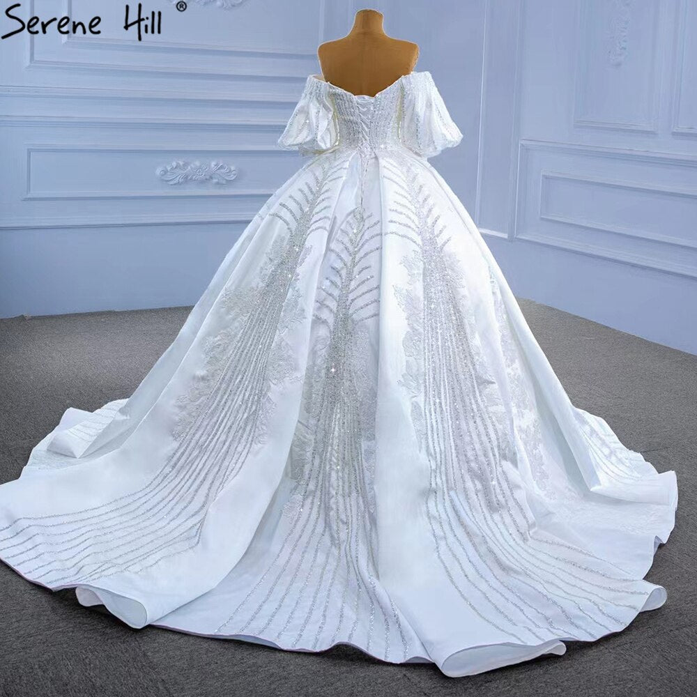 Vestidos de novia de lujo en satén blanco 2025 con mangas farol y cuentas HM67326, hechos a medida 