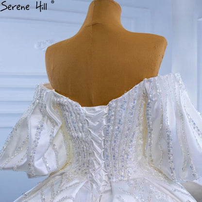 White Satin Luxury Wedding Dresses 2025 Beaded Lantern Sleeve Bride Gowns HM67326 Custom Made