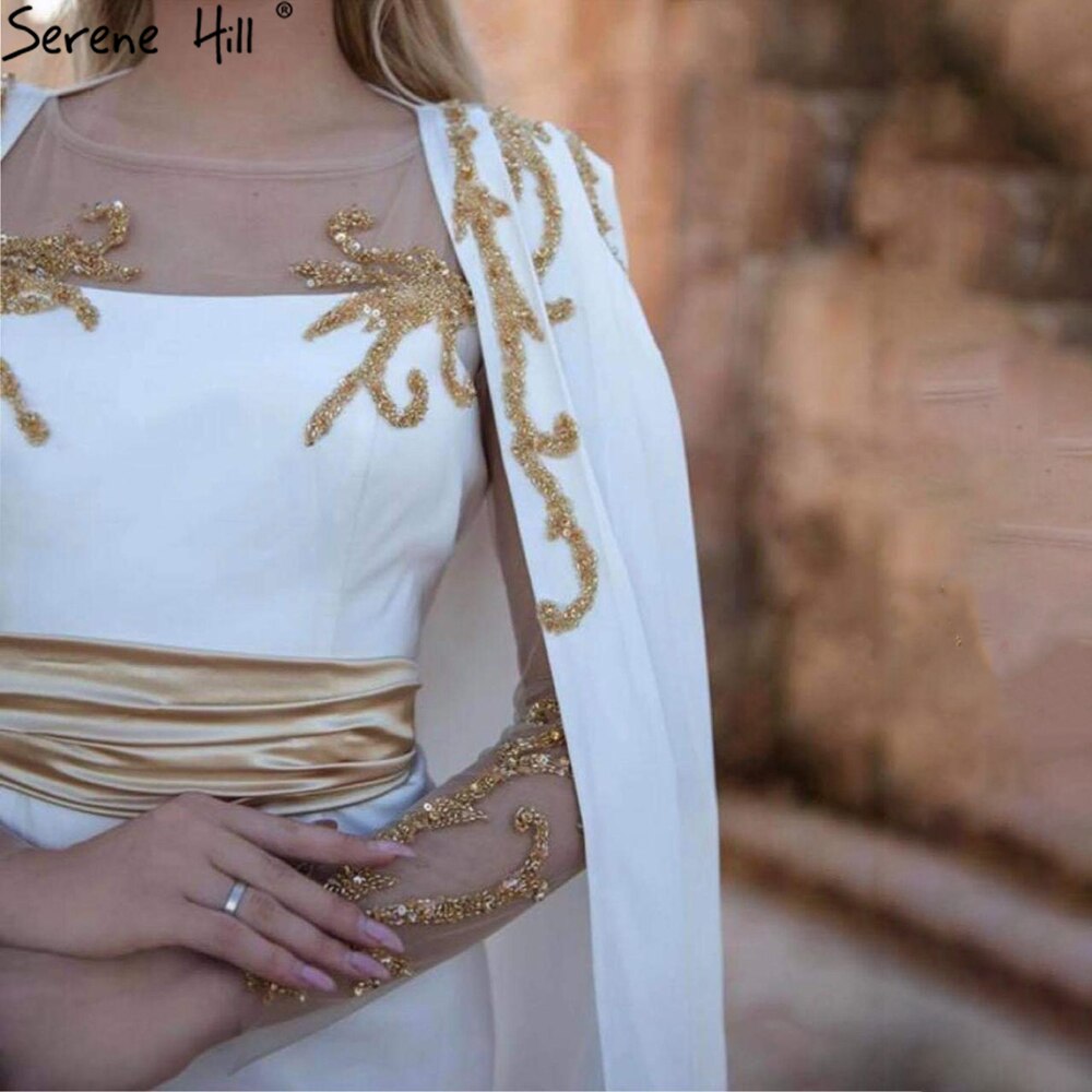 White Satin Mermaid Evening Dresses Gowns 2025 Cape Sleeves Elegant For Women Party LA70682