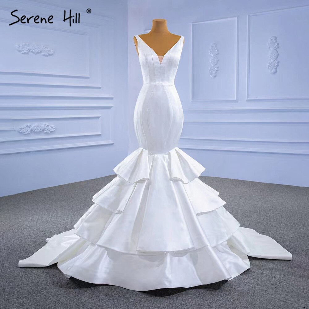 Vestidos de novia de sirena de satén blanco 2025, elegantes, sencillos y sexys, con capas, HM67312, hechos a medida 