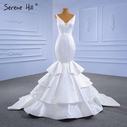White Satin Mermaid Wedding Dresses 2025 Tiered Elegant Simple Sexy Bride Gowns HM67312 Custom Made