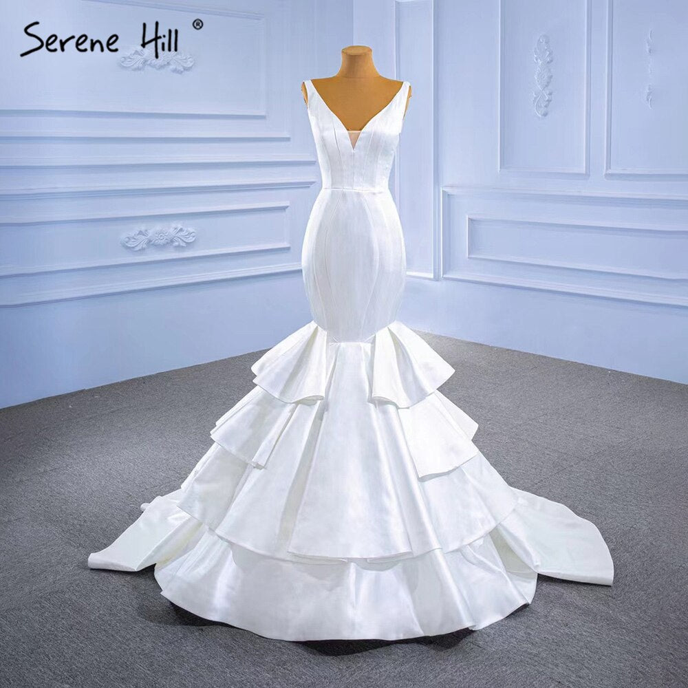 White Satin Mermaid Wedding Dresses 2025 Tiered Elegant Simple Sexy Bride Gowns HM67312 Custom Made