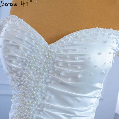 White Satin Mermaid Wedding Dresses Gowns Elegant Pearls Beaded Sexy Bridal Dress 2025 HM67285