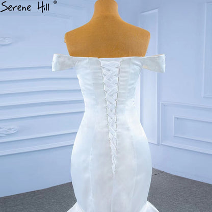 White Satin Mermaid Wedding Dresses Gowns Elegant Pearls Beaded Sexy Bridal Dress 2025 HM67285