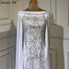 Vestido de noche elegante de sirena con cuentas y sobrefalda de satén blanco 2025 para mujer, fiesta LA70680 