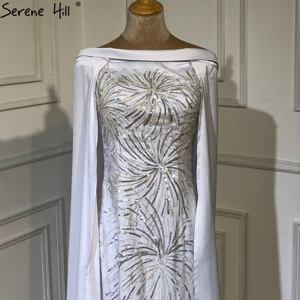 Vestido de noche elegante de sirena con cuentas y sobrefalda de satén blanco 2025 para mujer, fiesta LA70680 
