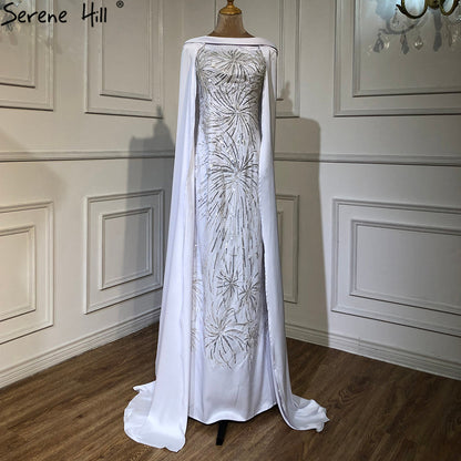 White Satin Overskirt Evening Dresses Gowns 2025 Elegant Mermaid Beaded For Women Party LA70680