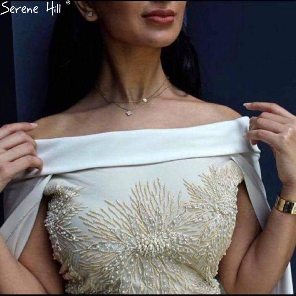 Vestido de noche elegante de sirena con cuentas y sobrefalda de satén blanco 2025 para mujer, fiesta LA70680 