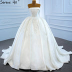 Vestido de novia de satén blanco sin tirantes, de lujo, con cuentas y perlas, sexy, 2025 HM67214, hecho a medida. 
