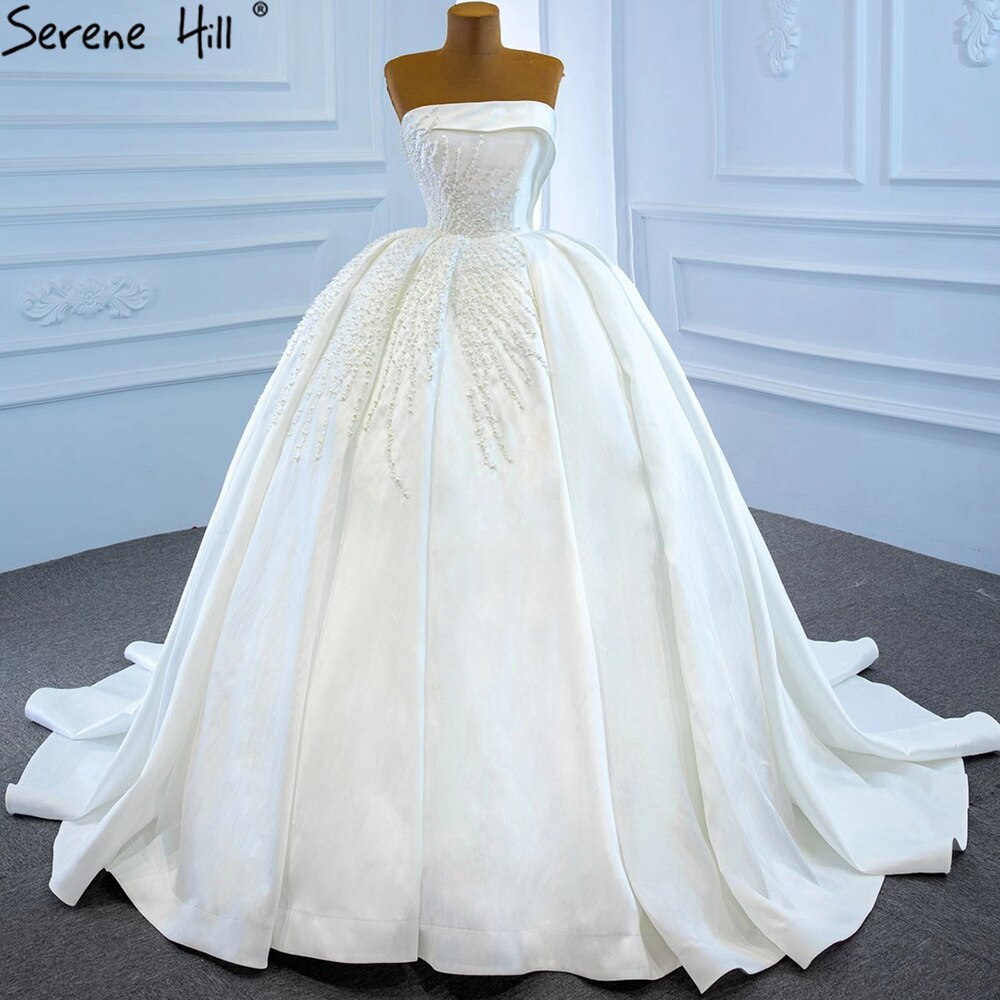 Vestido de novia de satén blanco sin tirantes, de lujo, con cuentas y perlas, sexy, 2025 HM67214, hecho a medida. 