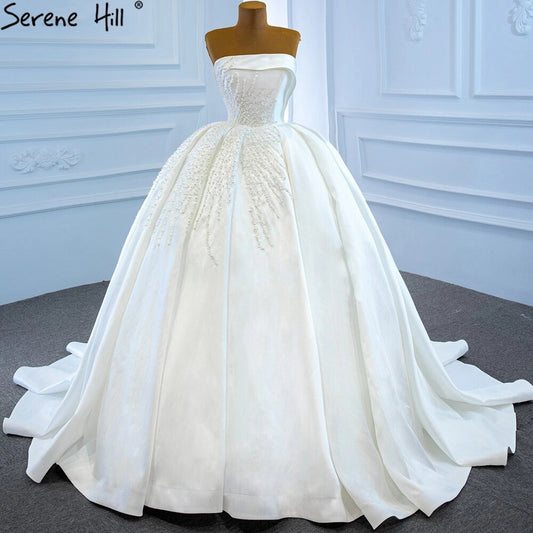 White Satin Strapless Wedding Dresses Gowns Luxury Beading Pearls Sexy Bridal Dress 2025 HM67214 Custom Made