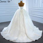 Vestido de novia de satén blanco sin tirantes, de lujo, con cuentas y perlas, sexy, 2025 HM67214, hecho a medida. 