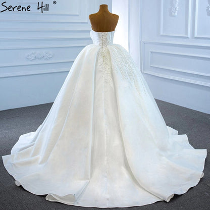 White Satin Strapless Wedding Dresses Gowns Luxury Beading Pearls Sexy Bridal Dress 2025 HM67214 Custom Made