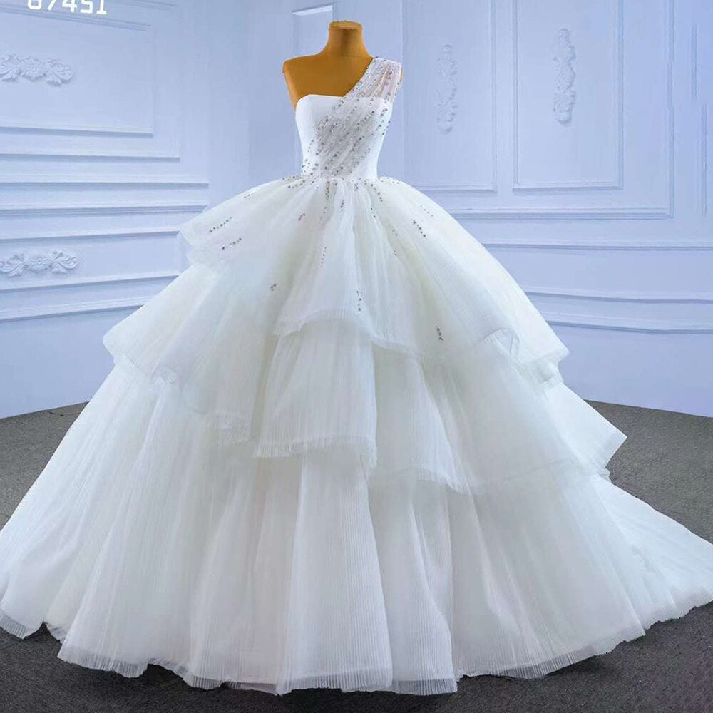 Weiß Sexy Eine Schulter Luxus Perlen Lace Up Braut Kleider Dubai Hochzeit Kleid 2025 High-End Nach Maß HM67451 