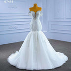 Vestido de novia blanco sexy con escote en V, cola desmontable, encaje de sirena y cuentas, 2025, alta gama, hecho a medida, HM67453 