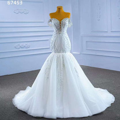 White Sexy V Neck Detachable Train Mermaid Lace Beaded Bride Gowns Wedding Dress 2025 High End Custom Made HM67453