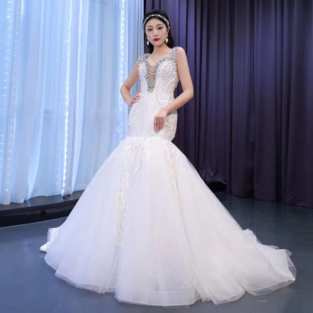 White Sexy V Neck Detachable Train Mermaid Lace Beaded Bride Gowns Wedding Dress 2025 High End Custom Made HM67453