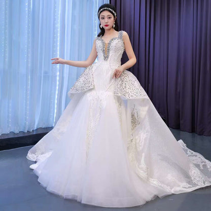 White Sexy V Neck Detachable Train Mermaid Lace Beaded Bride Gowns Wedding Dress 2025 High End Custom Made HM67453