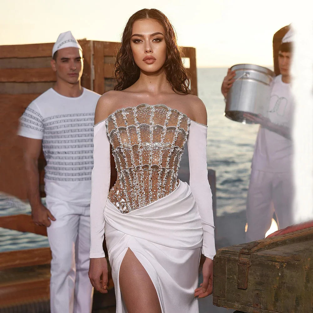 Luxus Dubai Meerjungfrau Weißes Abendkleid Sexy Scalloped LA72293