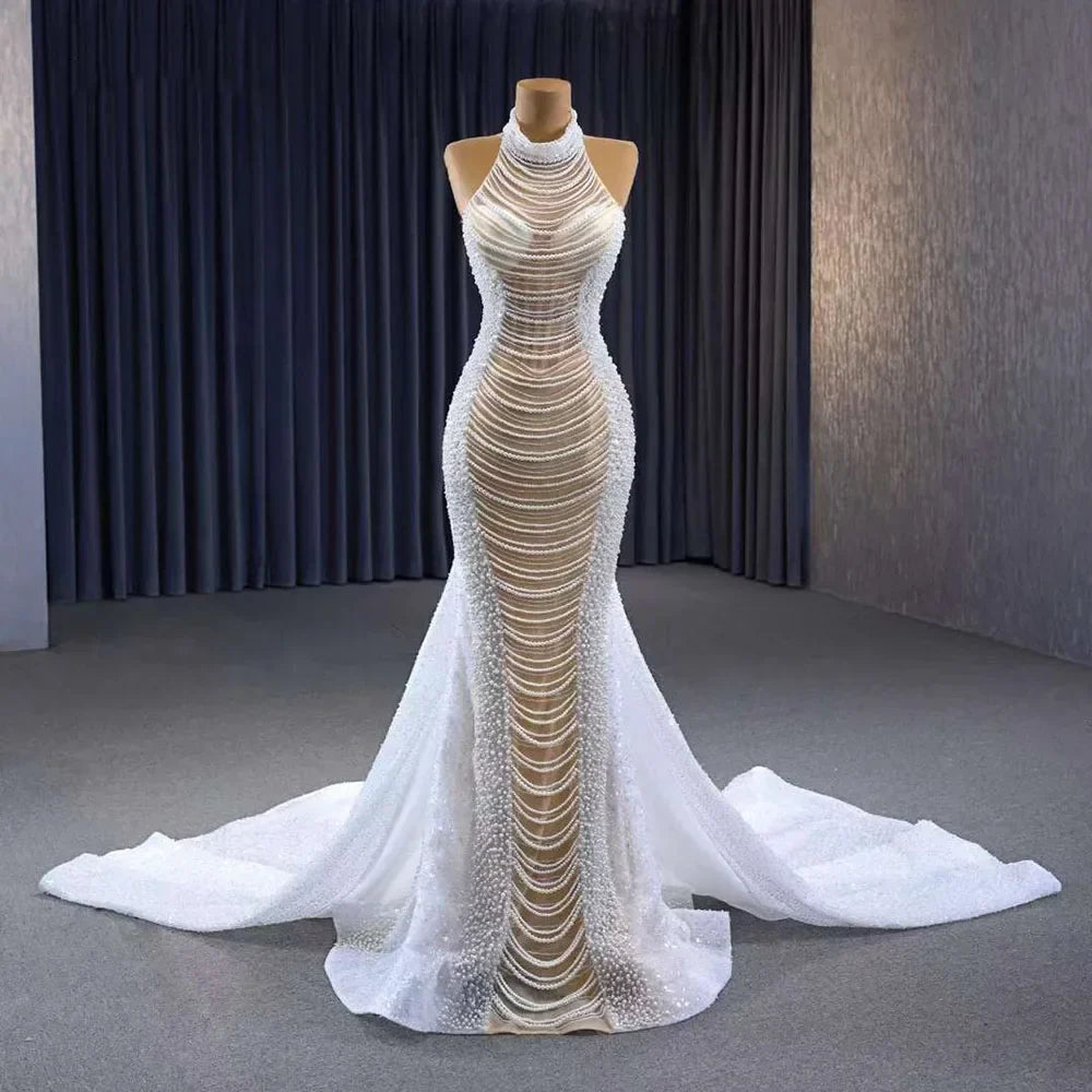 Vestido de novia de lujo con cuentas y encaje de sirena color champán blanco, 2025, alta gama, hecho a medida, HM231033 