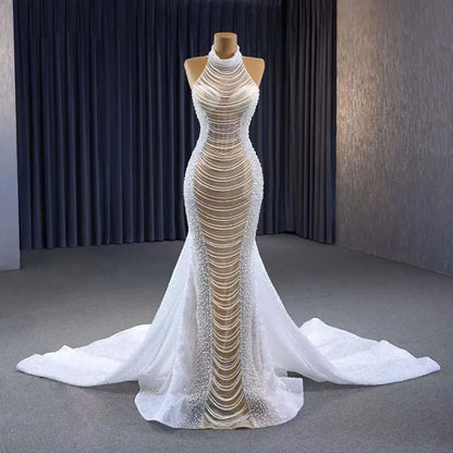 White champagne Mermaid Lace Up Luxury Pearls Beaded Bride Gowns Wedding Dress 2025 High End Custom Made HM231033