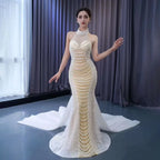 Vestido de novia de lujo con cuentas y encaje de sirena color champán blanco, 2025, alta gama, hecho a medida, HM231033 